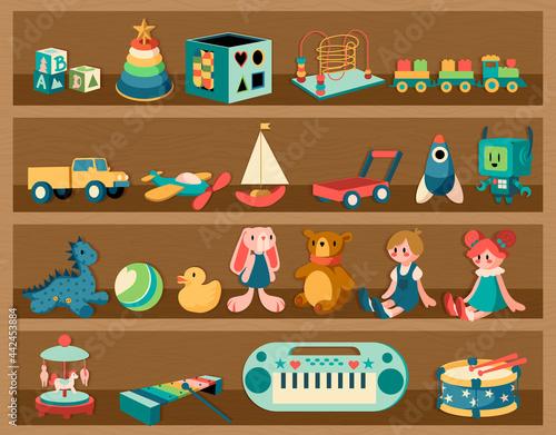 Toys on shelves. Cartoon wooden rack with dolls and musical instruments. Plush animals or transport. Educational jigsaw for children. Colorful rocket and automatic robot. Vector furniture