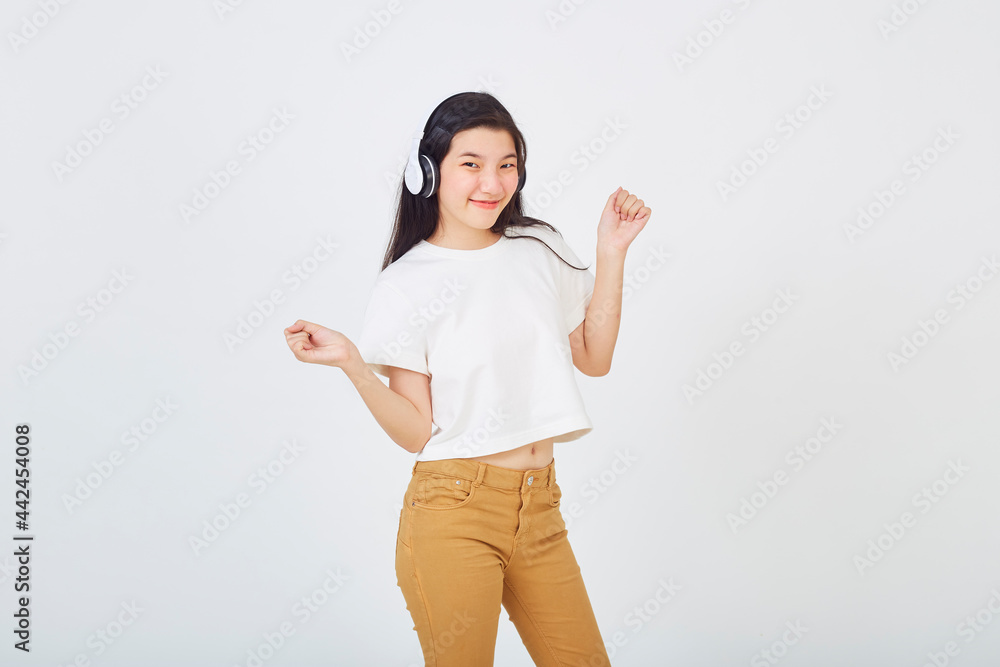 woman with headphones on white background woman with headphones on white background