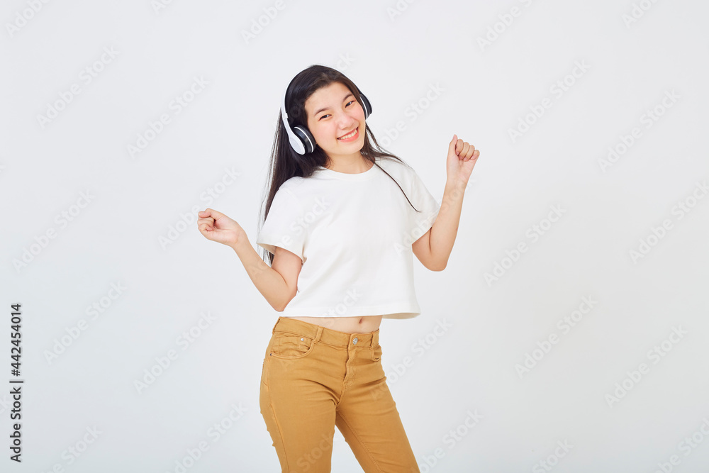 woman with headphones on white background woman with headphones on white background
