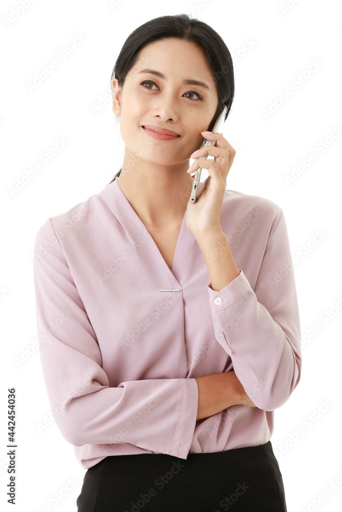 Portrait closeup isolated cutout shot of Asian happy pretty friendly successful female office worker employee standing crossed arms and make a call to conversation on smartphone Portrait closeup isolated cutout shot of Asian happy pretty friendly successful female office worker employee standing crossed arms and make a call to conversation on smartphone