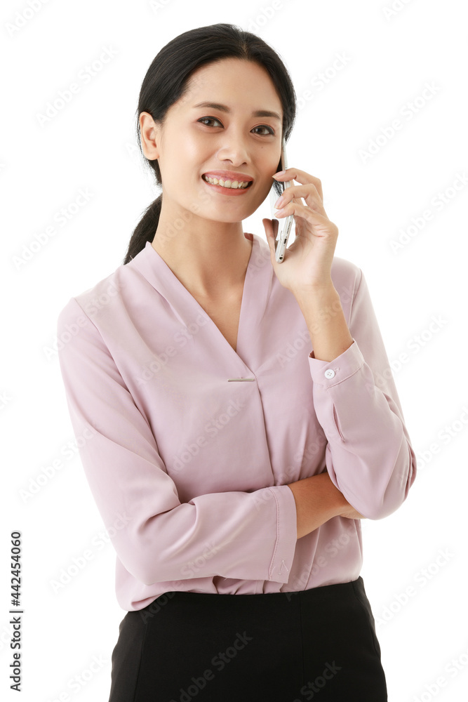 Portrait closeup isolated cutout shot of Asian happy pretty friendly successful female office worker employee standing crossed arms and make a call to conversation on smartphone Portrait closeup isolated cutout shot of Asian happy pretty friendly successful female office worker employee standing crossed arms and make a call to conversation on smartphone
