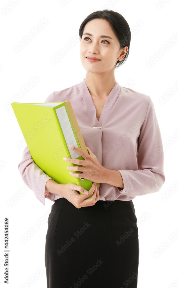 Portrait isolated cutout shot of Asian happy confident successful female secretary assistant standing smiling holding paperwork document folders in hands in front of white background with copy space Portrait isolated cutout shot of Asian happy confident successful female secretary assistant standing smiling holding paperwork document folders in hands in front of white background with copy space