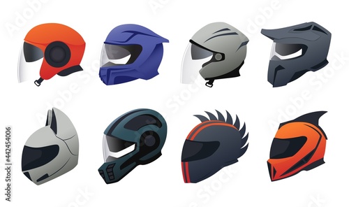 Helmet. Cartoon motorbike riding headgear. Safety equipment for motorcycle drivers. Head protection. Extreme racing tools. Headwear with decorative ears and comb. Vector hardhats set