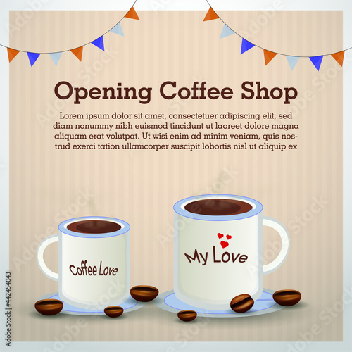 coffee shop opening announcement banner. coffee shop opening banner on light pink background with coffee mugs and coffee beans. colorful buntings as decorations. 