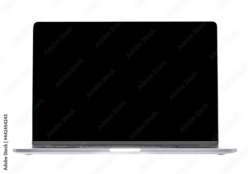 Hightech flat silver luxury notebook computer with lid open showing black screen. Display in isolated background Hightech flat silver luxury notebook computer with lid open showing black screen. Display in isolated background