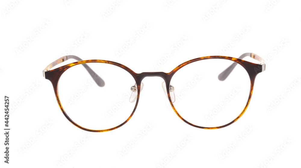 Front of a pair of brown and golden colour, classic style prescription glasses with clear transparent lens. Display on white isolate background Front of a pair of brown and golden colour, classic style prescription glasses with clear transparent lens. Display on white isolate background