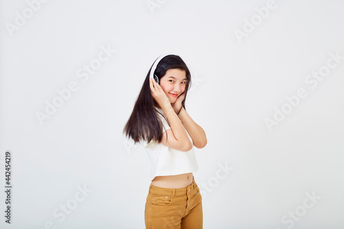 woman with headphones on white background