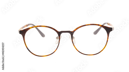 Front of a pair of brown and golden colour, classic style prescription glasses with clear transparent lens. Display on white isolate background