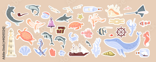 Underwater objects and sea animals cute stickers set