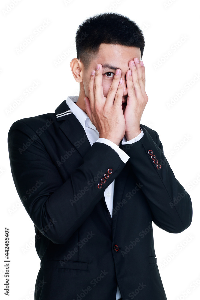 funny cutout portrait of young healthy businessman on black suit cover face as loose confident and afraid on failure and shy to see unwanted mistake funny cutout portrait of young healthy businessman on black suit cover face as loose confident and afraid on failure and shy to see unwanted mistake