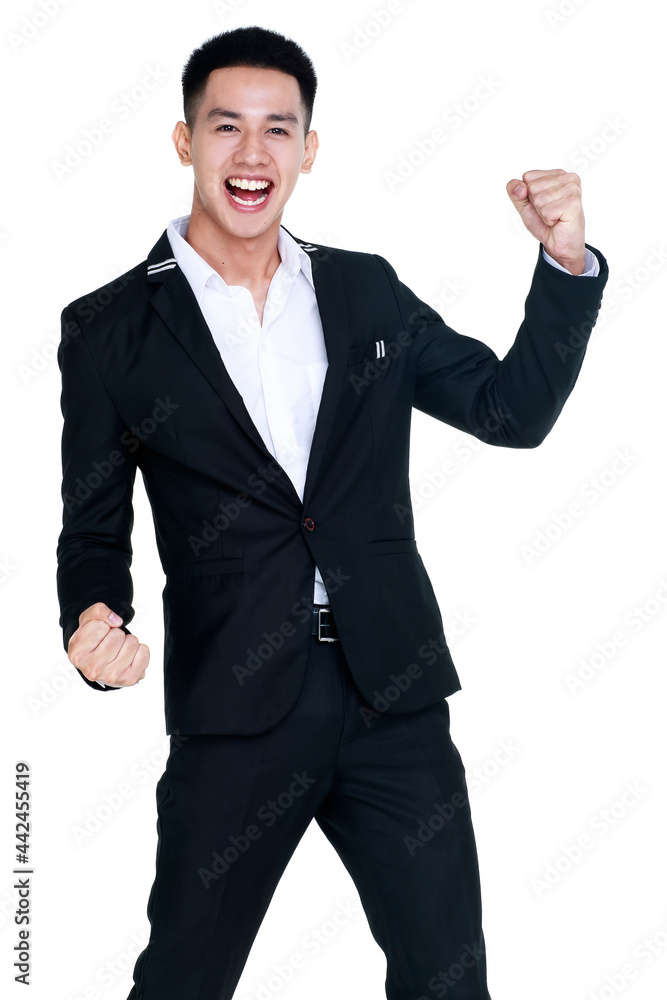 funny cutout portrait of smart young healthy businessman on black suit happily standing with clenched fist as satisfy on special promotion offering on bare palm funny cutout portrait of smart young healthy businessman on black suit happily standing with clenched fist as satisfy on special promotion offering on bare palm