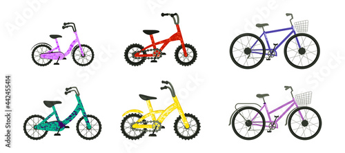 Various colorful Bicycles set for urban, sport and mountain activity