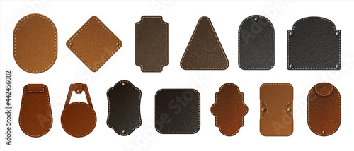 Leather label. Realistic blank badges. Premium bag tags. Jeans patches stitched at edges with copy space. Isolated stickers set for branding. Vector natural or faux calfskin samples