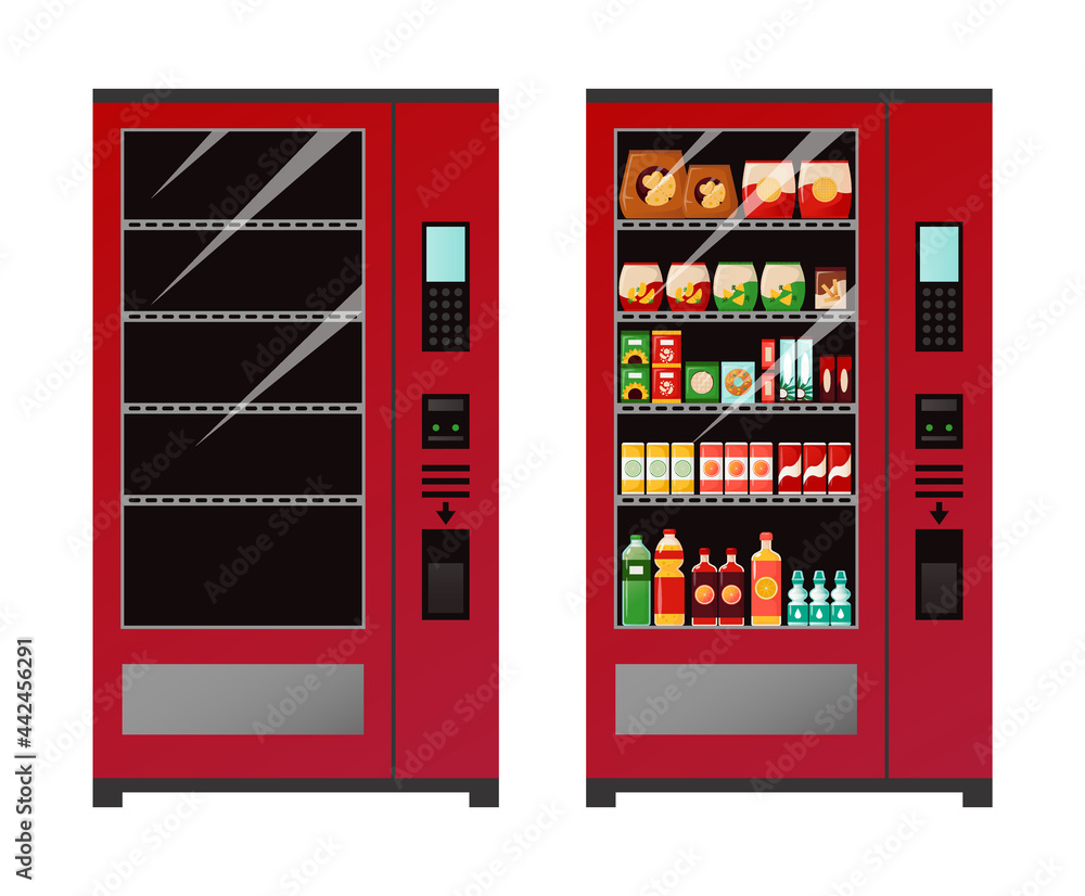 Vending machine. Empty and full automat of snacks or drinks. Equipment for  sale of food. Device for buying bottled water and juice. Vector  self-service appliance with panel or buttons Stock Vector