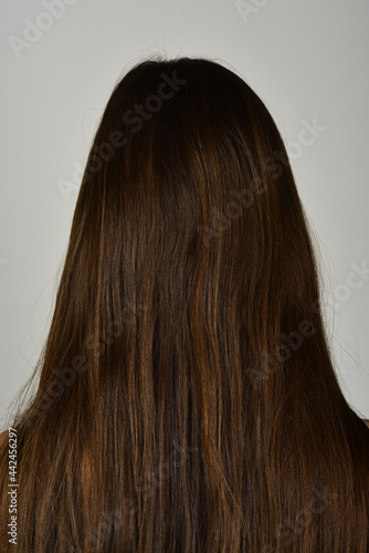 Back view of a woman with long straight black hair. Long hair texture background close up.