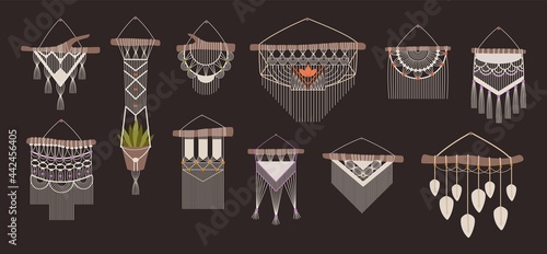 Macrame. Boho handcrafted wall decorations made of ropes and knots. Braided thread ornament hanging on wooden stick. Handmade hanger for flowerpot. Indoor elements set. Vector handiwork