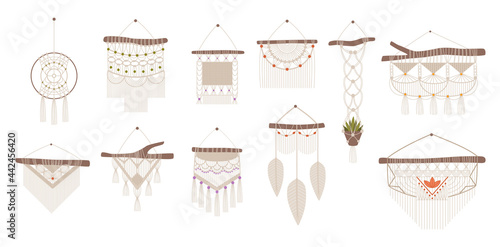 Handcrafted macrame. Bohemian interior handmade hanging decorations. Scandinavian woven ethnic decor elements set. Wooden sticks with intertwined ropes and tassels. Vector hygge craft