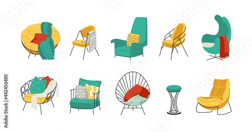 Cartoon armchairs. Comfortable home furniture for sitting. Cozy lounge chairs or stools. Room sofa with pillows and blanket. Vector bright green and yellow interior soft elements set
