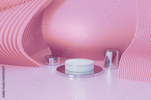 Abstract geometry sophisticated pattern purple background,white and pink shiny pastel color cylinder podium,for mockup product and cosmetic show,marketing present stage,3d render
