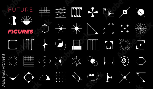 Future design shapes. Abstract geometric figures. Decorative minimalistic brutalist forms. Black background with white contemporary art elements. Vector futuristic logo templates set