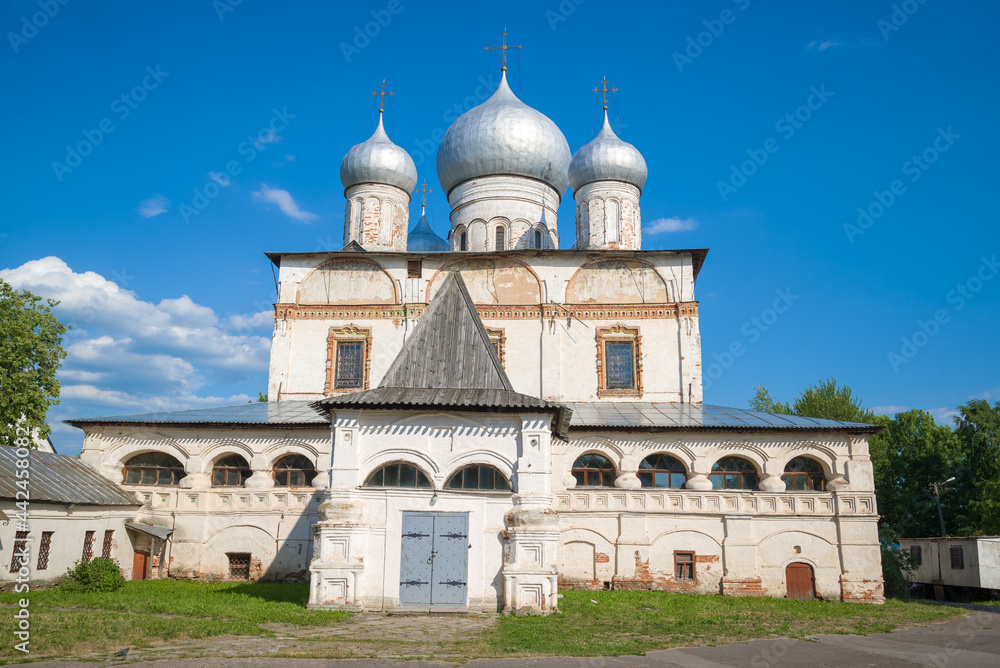 Ancient Znamensky Cathedral close up on a sunny July day. Veliky Novgorod, Russia