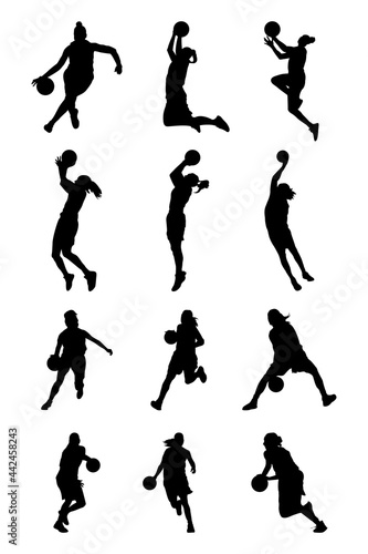 Set of Women's Basketball, Female Athlete Vector Silhouette