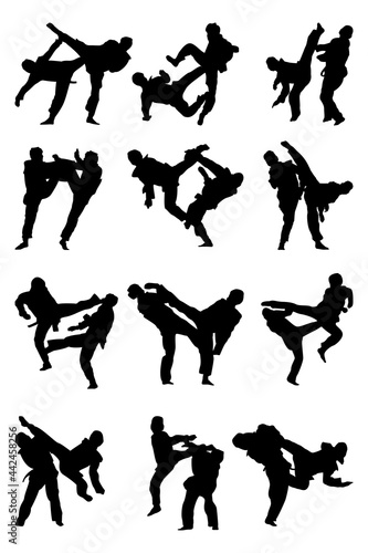 Set of taekwondo athletes fighting vector silhouette
