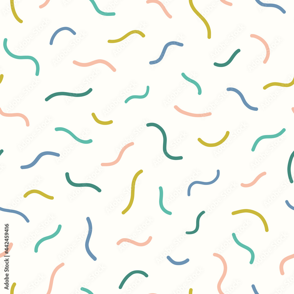 Abstract squiggle pattern background. Fun modern design element of wavy lines in a tossed design, trendy colours.