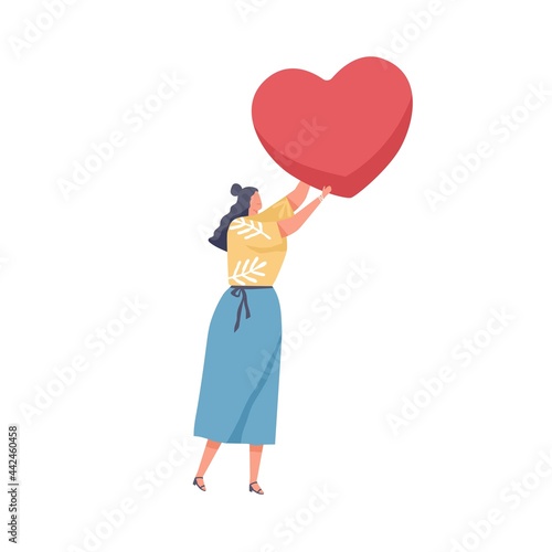 Human holding big red heart in hand as symbol of love. Concept of charity, hope, solidarity and compassion. Woman helping and donating. Colored flat vector illustration isolated on white background