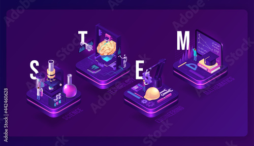 Stem isometric concept, science, technology, engineering and mathematics research. Scientific laboratory, ai robot, engineer on factory and student learn math on 3d platforms, vector illustration