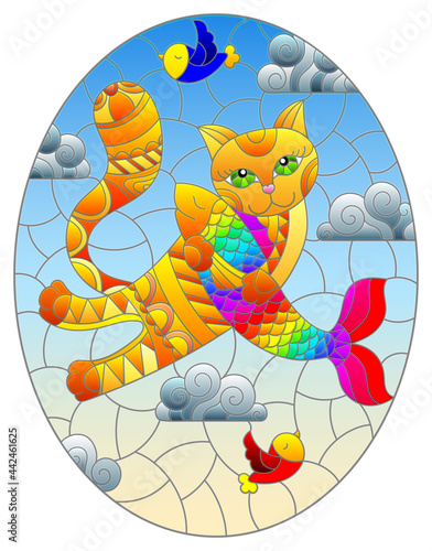 A stained glass illustration with a cartoon cat hugging a fish against a cloudy sky, oval image