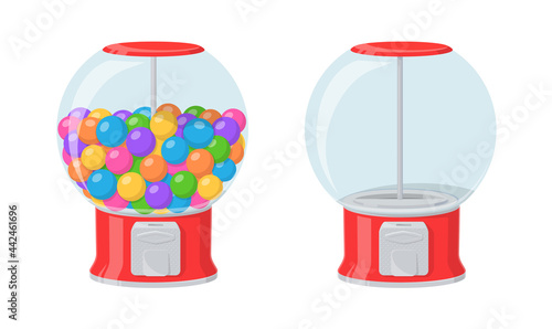 Gumball machine, red dispenser with colored bubble gums and sweets. Vector cartoon set of empty vending machine and full of round chewing candies isolated on white background