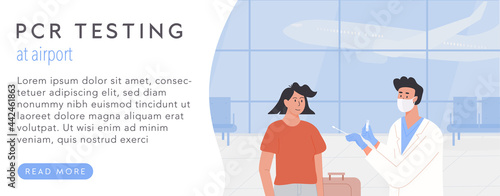 PCR testing at airport web banner template. Concept of travelling with fit to fly certificate. Covid test before departure. A male doctor wearing face mask and takes nasal swab sample from traveller.
