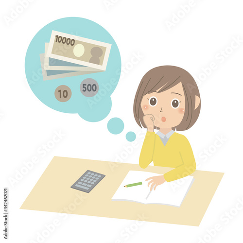 お金のことを考える若い女性
