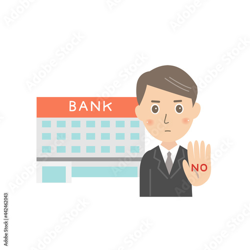 拒否をする銀行員と銀行の建物
