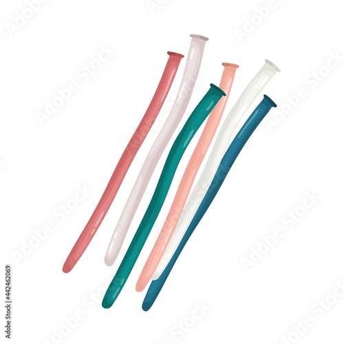 Empty deflated latex air balloons. Uninflated rubber long modelling ballons of different color. Inflatable tube-shaped party baloons for decoration. Flat vector illustration isolated on white