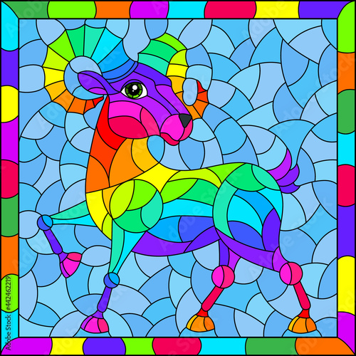 An illustration in the style of a stained glass window with an abstract rainbow ram in a bright frame, a rectangular image