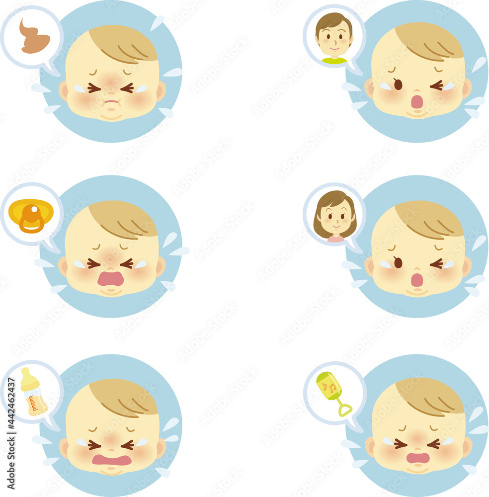 イラスト素材:かわいい赤ちゃんが喜怒哀楽の表情を見せるアイコンマークシリーズ　不機嫌　主線なし8
