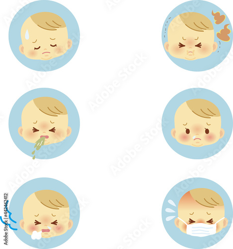 イラスト素材:かわいい赤ちゃんが喜怒哀楽の表情を見せるアイコンマークシリーズ　症状　主線なし7
