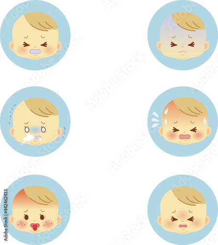 イラスト素材:かわいい赤ちゃんが喜怒哀楽の表情を見せるアイコンマークシリーズ　体調不良　主線なし3
