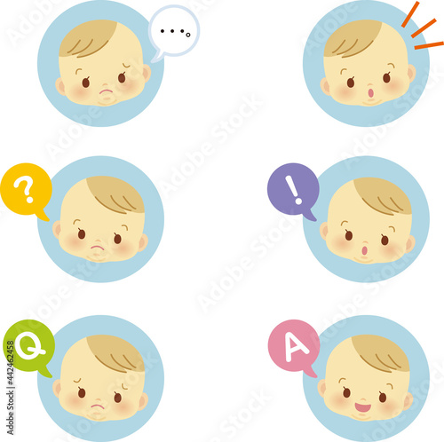 イラスト素材:かわいい赤ちゃんが喜怒哀楽の表情を見せるアイコンマークシリーズ　吹き出し　主線なし5
