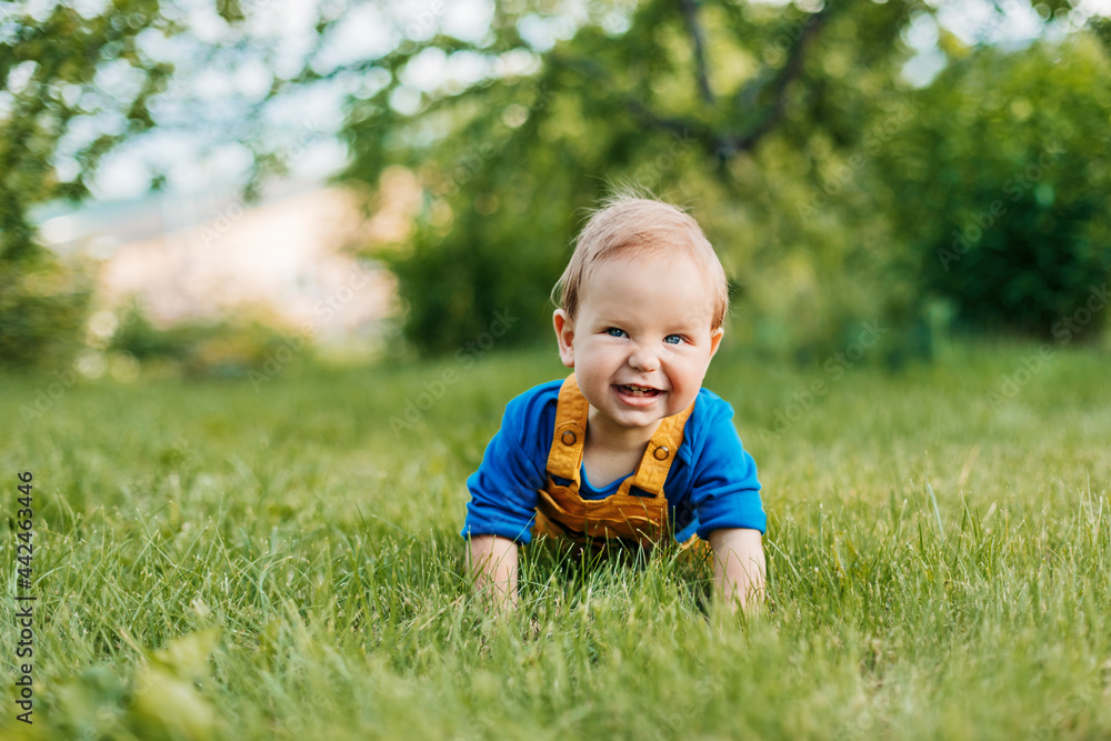 A baby boy lies on the grass in the garden and laughs A baby boy lies on the grass in the garden and laughs