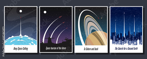 Space Flights Propaganda Posters, Retro Futurism Style Illustrations, Space Rockets, Planets and Future City 