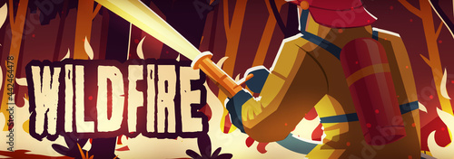 Wildfire landing page with burning forest and fireman at night. Vector banner of wild nature disaster with cartoon illustration of man extinguishes flame in woods with burning trees and grass