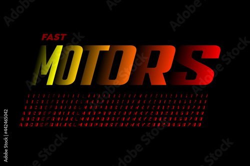 Accelerating style speed font, alphabet letters and numbers vector illustration