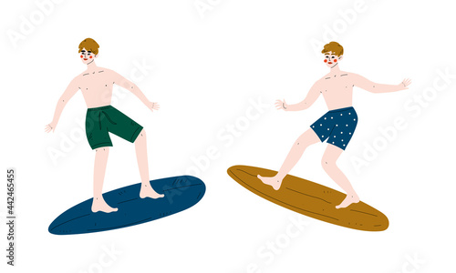 Man Surfer with Surfboard Riding on Moving Wave Vector Set