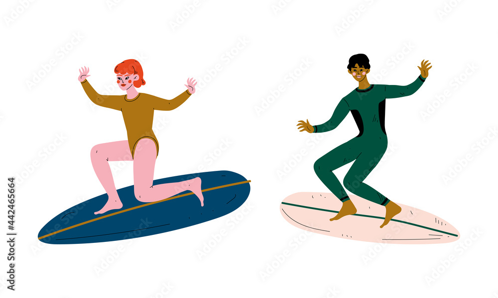 Man and Woman Surfer with Surfboard Riding on Moving Wave Vector Set