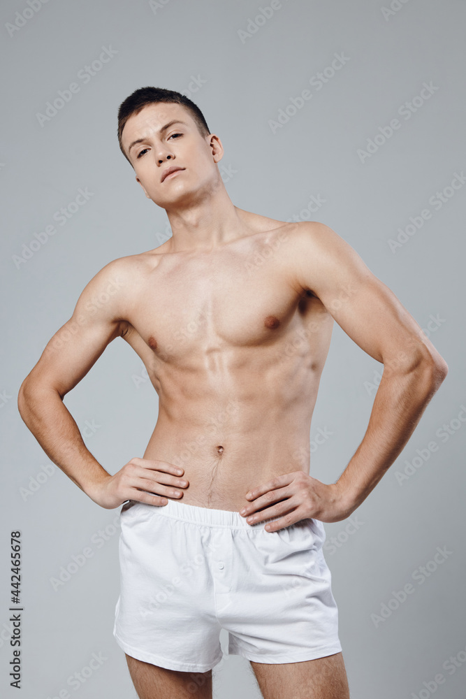 attractive bodybuilder muscular torso fitness Copy space