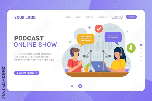 Podcast live streaming and recording landing page template vector illustration