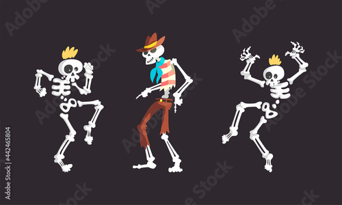 Bony Skeleton Character Dancing Moving Limb Vector Set